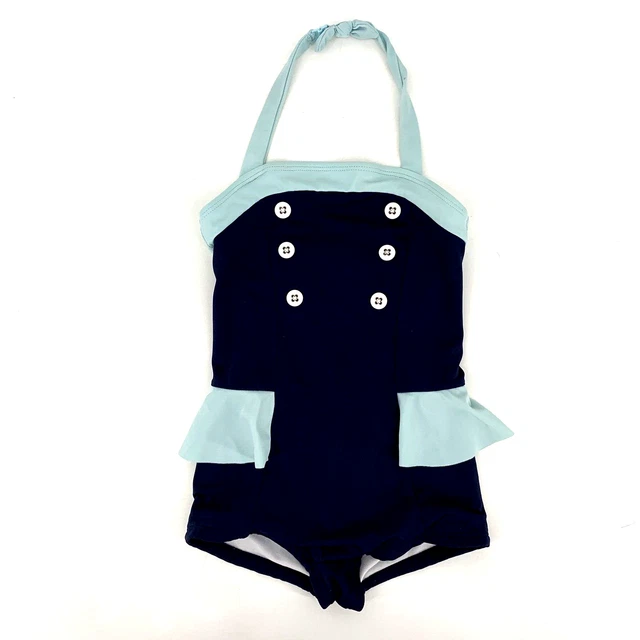 Janie and Jack Girls Retro Blue Ruffle Nautical One-Piece Swimsuit Size 5
