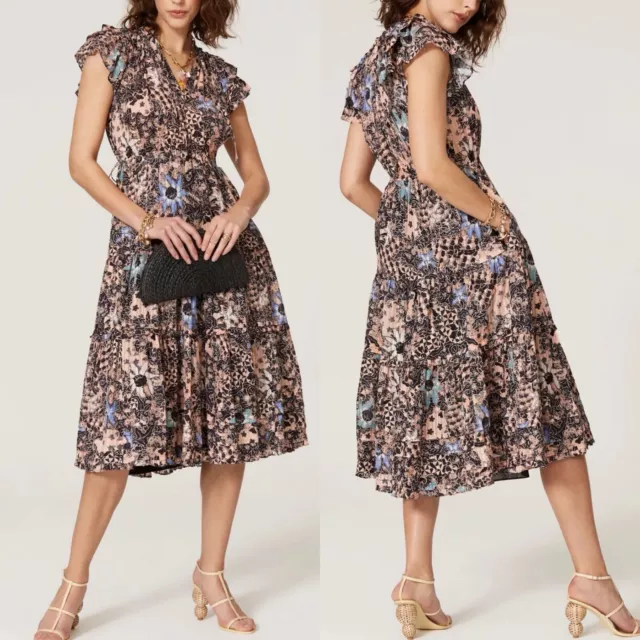 ULLA JOHNSON Rema Dress Womens 14 Floral Midi Flutter Short Sleeves Cotton Blend