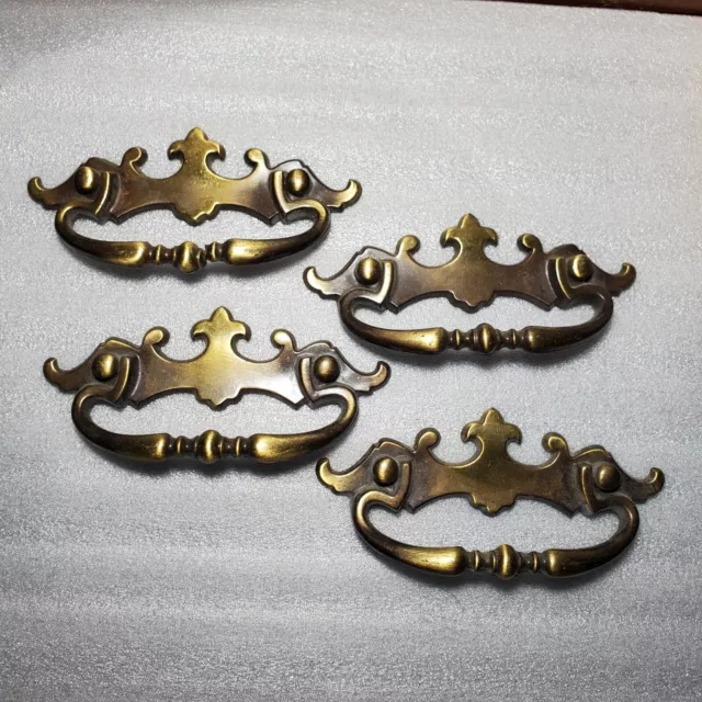 4 Vintage Solid Brass 1968 Canada Chippendale Style Bail Drawer Pulls 3" Center