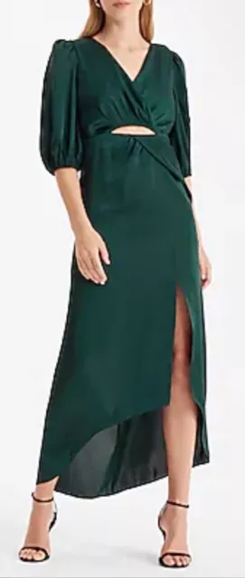 Express Emerald Green Satin Wrap Maxi Dress Size XS Cut Out High Low