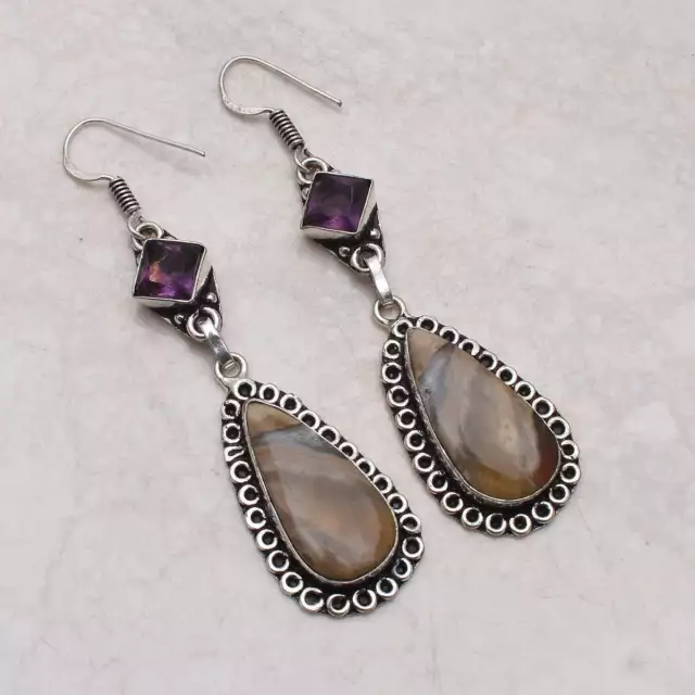 Botswana Agate Améthyste Fait Goutte Pendantes Earrings Jewelry 2.72 " AE-6179