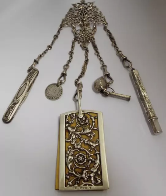 Fabulous English Antique 1896 Solid Sterling Silver Chatelaine Chain With Tools