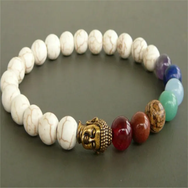 8mm White Turquoise gemstone Buddha mala Bracelet 7.5 Inches Reiki Meditation
