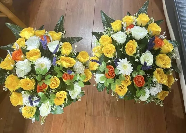 2x spring flat back artificial silk flower grave pots cemetery flowers memorial