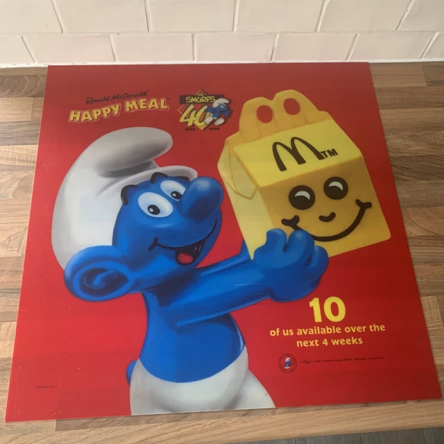 McDonalds Happy Meal Translite Sign - SMURFS 40th ANNIVERSARY 1998 - 55cm x 55cm