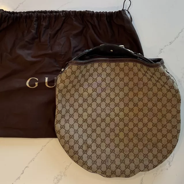 Gucci Auth GG Monogram Canvas Horsebit Leather Shoulder  Hobo Handbag