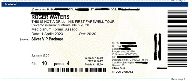 2X Silver VIP Package THIS IS NOT A DRILL Roger Waters 01/04/23 Mediolanum Forum