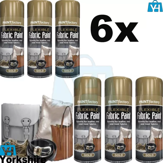 6 x Flexible Stoff & Vinyl Sprühfarbe Leder Textil Schnell trocknend Gold 200ml