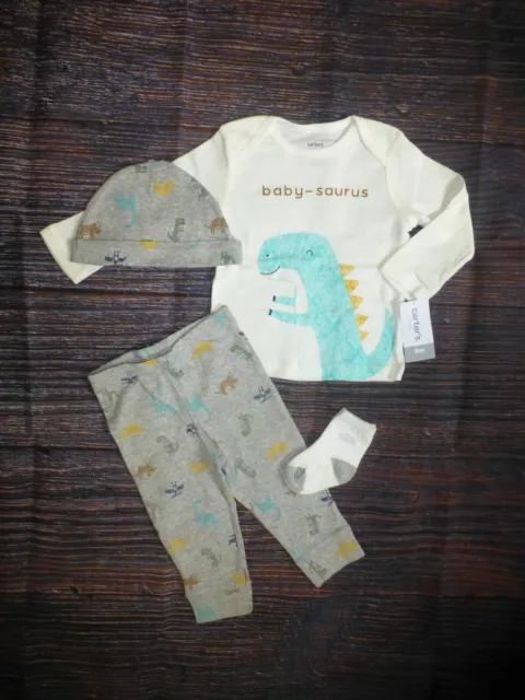 NWT Carters Dinosaur Shirt Pants Hat Socks Baby Boys Layette Outfit Set