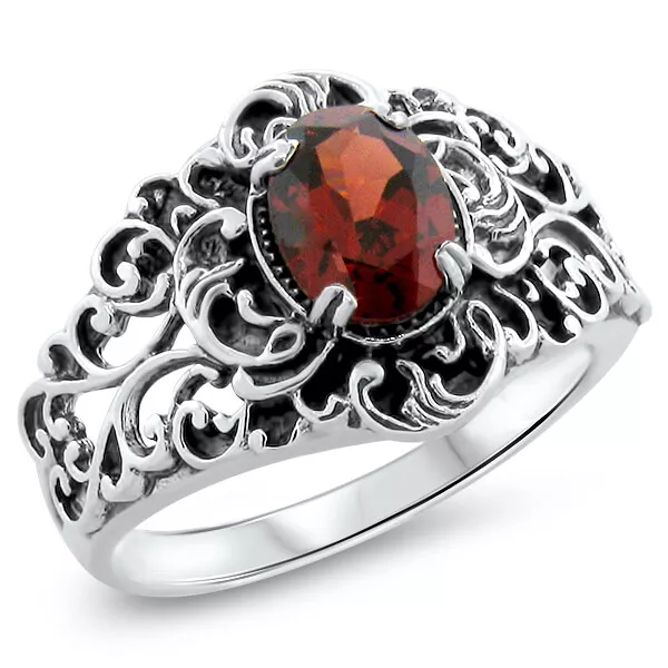 Genuine Garnet 925 Sterling Silver Solitaire Victorian Style Filigree Ring  865X