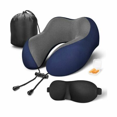 NEW MLVOC Travel Neck Pillow 100% Pure Memory Foam w 3D Eye Mask, Earplugs & Bag