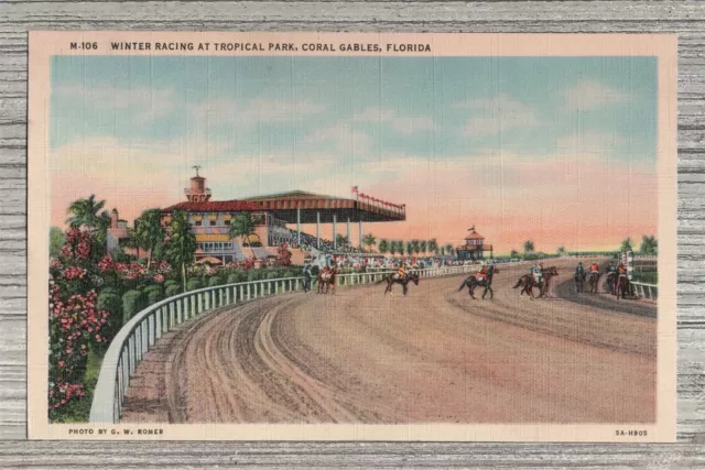 Postcard-Winter Racing at Tropical Park Coral Gables Florida-PC50