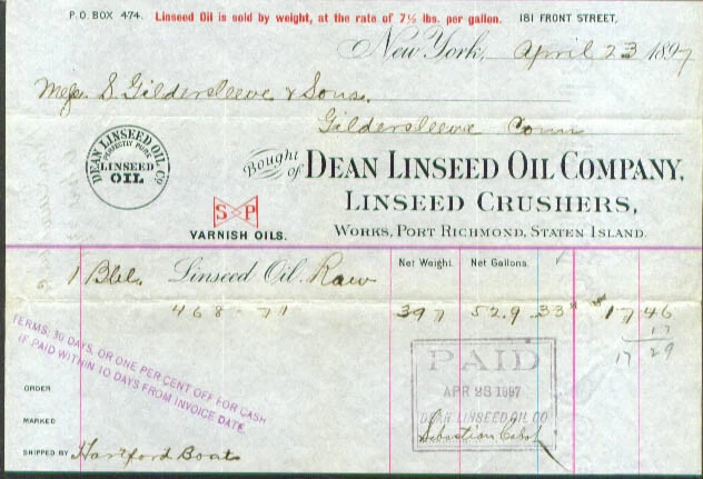 Dean Linseed Oil Linseed Crushers NY billhead 1897
