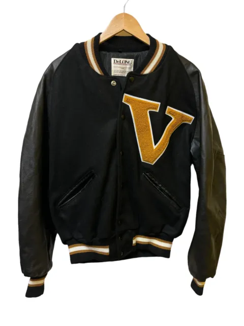 Vintage De Long Leather Letterman Varsity Jacket Black Yellow Size Medium