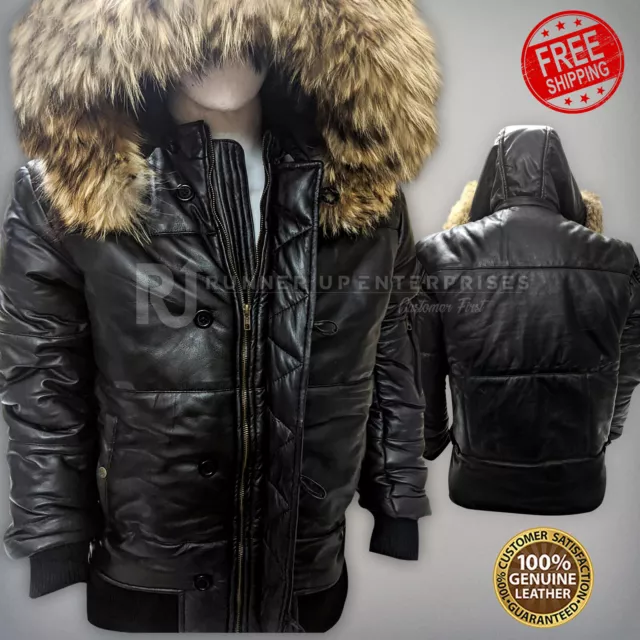 DOWN MEN'S PUFFER Hooded Real Leather Jacket Zip Pockets Bomber Winter ...