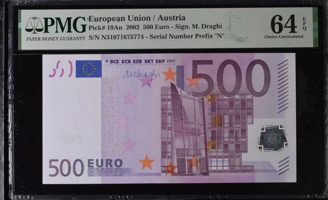 Choice UNC 500 Euro Austria European 2002 Draghi P-19an PMG 64 EPQ N31071675774 Choice UNC 500 Euro Austria European 2002 Draghi P-19an PMG 64 EPQ N31071675774