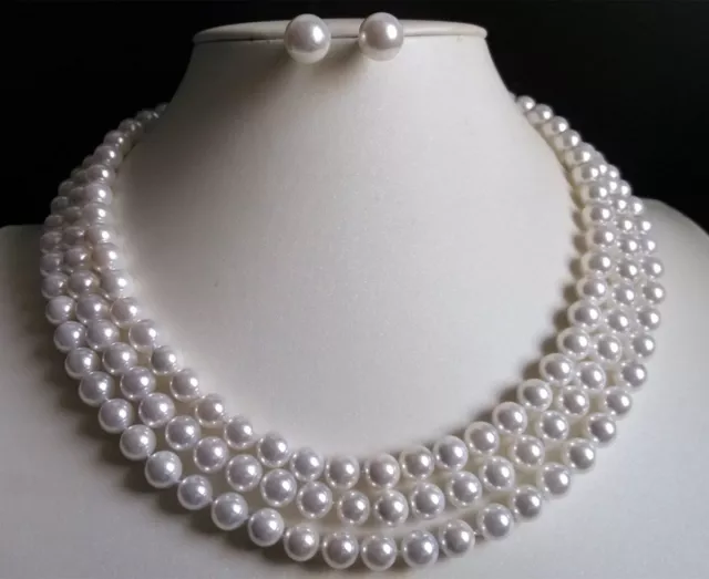 Beauty 3 Rows 8mm white south sea shell pearl round necklace Earrings 17-19" AAA