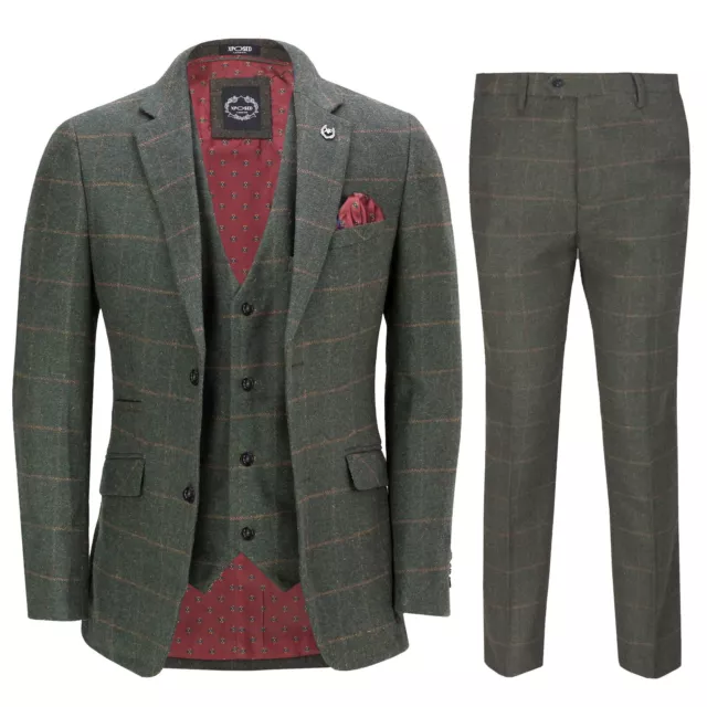 Mens 3 Piece Suit Herringbone Tan Tweed Check Olive Green Retro