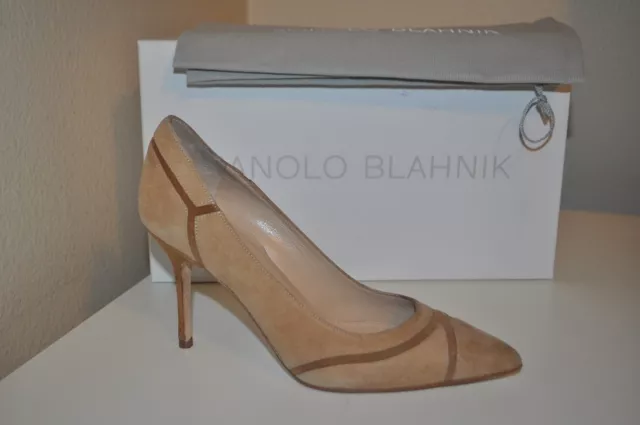 Manolo Blahnik DASTI Bicolor Patchwork Pointy Toe Pump Heel Shoe Camel Suede 34