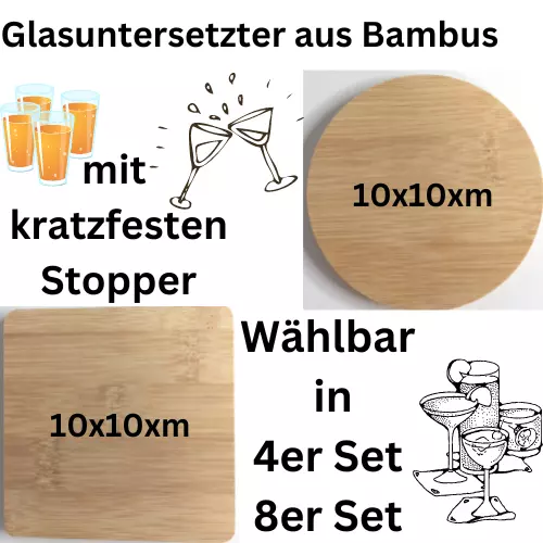 Untersetzer aus Bambus 4er/8er Set 10x10cm Glasuntersetzer Rund - Viereckig