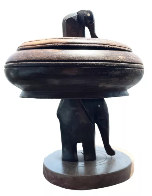 Vintage Hand Carved Wooden Elephant Footed Lidded Trinket Jewelry Dish Box 7”x5”