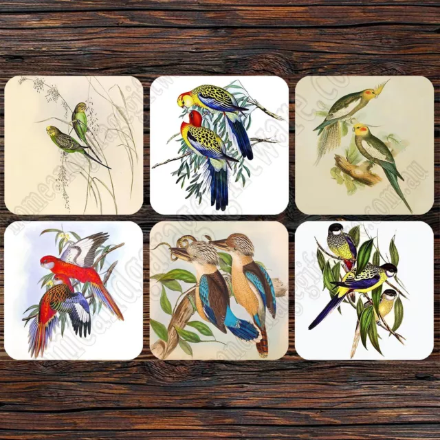 Set Of 6 Coasters, John Gould, Parakeets Budgie Kookaburra Rosella Cockatiel