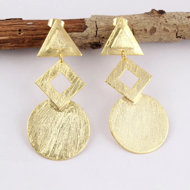 Handmade Brushed Finish Yellow Gold Plated Drop Stud Push-Back Earrings