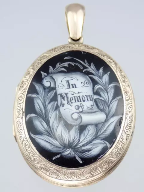 Fine Antique Victorian 9k Gold Enamel IN MEMORY OF Memento Mori Mourning Locket