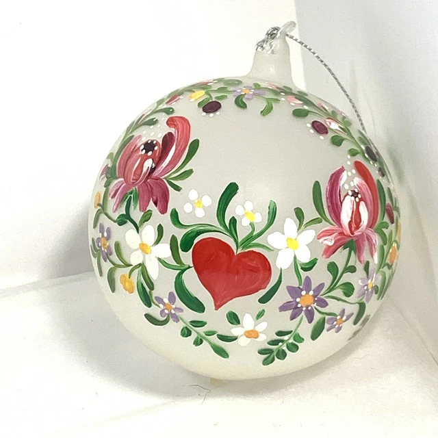 Hand Painted Blown Frosted Glass Christmas Ornament Ball Flowers Artist Signed