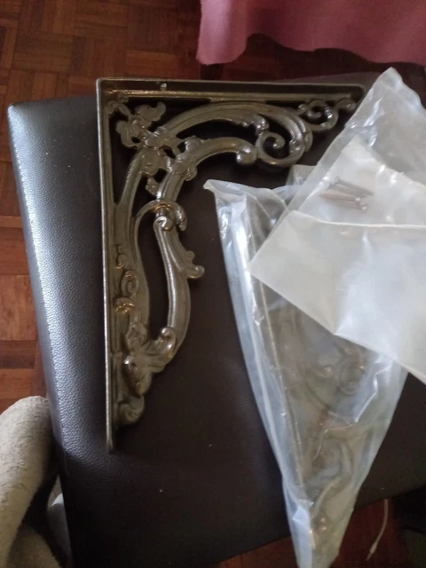 Pair Of Large Heavy Shelf Brackets Pewter Effect With Fixing Screws Unused