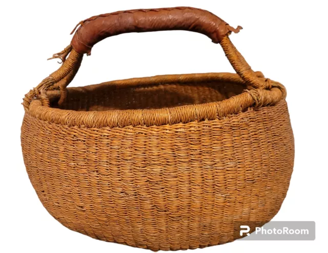 Ghana Bolga Vintage Handwoven Basket Leather Wrapped Single Handle 12.5x13.5 In