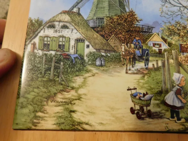 Tile Trivet Ter Steege Windmill Cottage Little Girl Doll carriage Holland Wooden 3