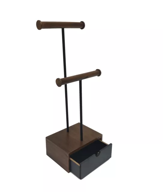 2 Tier Double T-Bar Necklace Bracelet Jewelry Display Stand Wood Drawer Storage