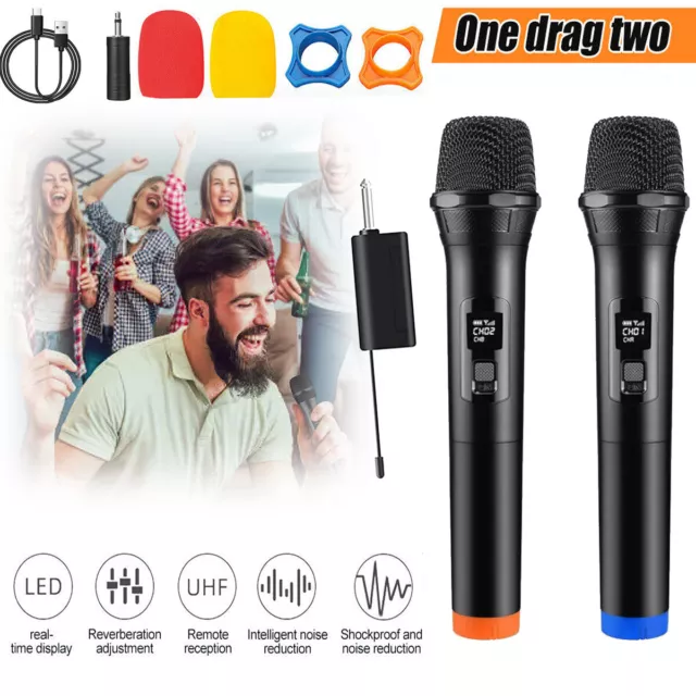 2x Wireless Cordless Microphone Handheld UHF Dynamic Mic System Karaoke Receiver