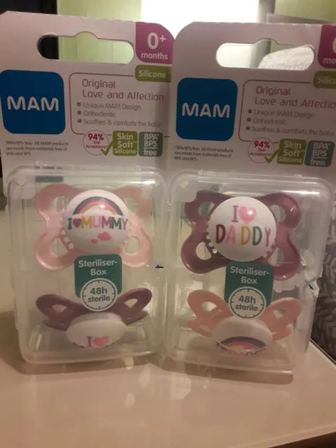 MAM dummies soothers brand new 0+ 2 packs girls newborn baby daddy mummy pink