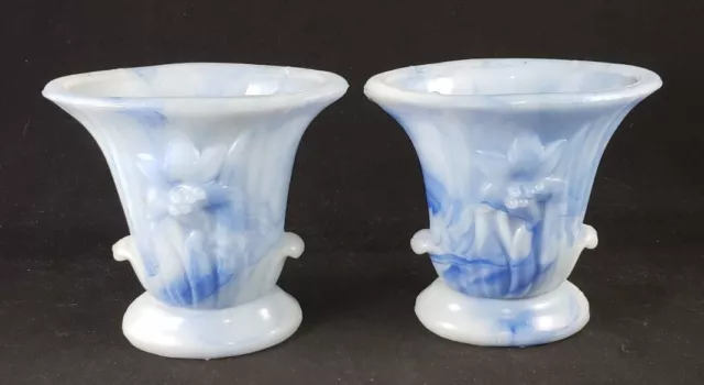 Vintage Akro Agate Slag Glass Blue White Swirl Lily Vase Planter - Pair of 2