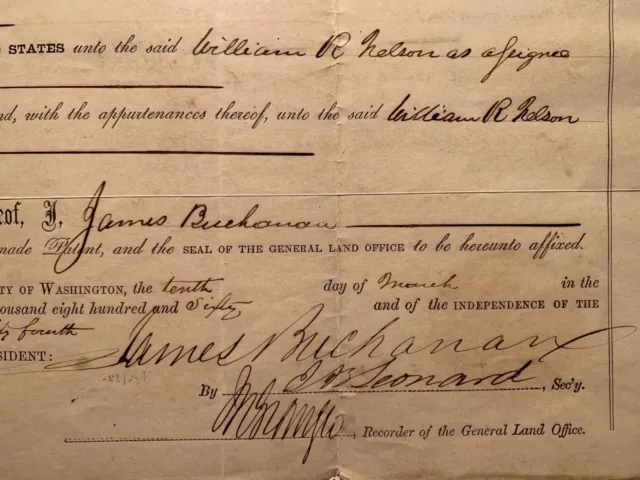 Land Grant Document Signed Secretarial by President James Buchanan March 10 1860