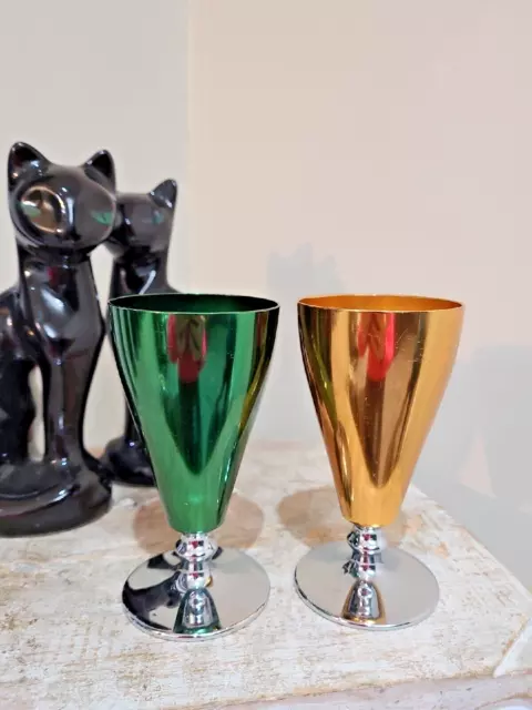 2 x Vintage Retro Fiesta Ware Anodised Wine Goblets Flutes Green & Gold