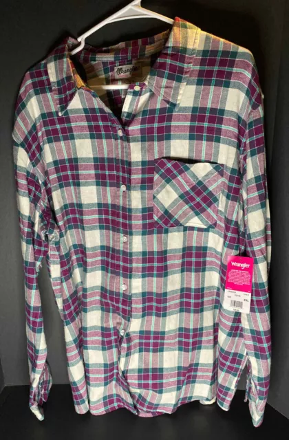 Camisa de franela con botones Wrangler para mujer 2XL púrpura a cuadros manga larga al aire libre nueva con etiquetas