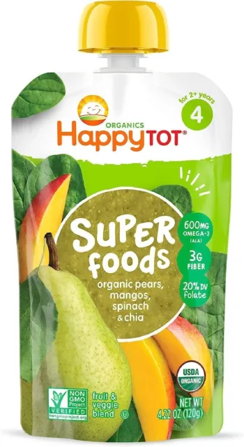 Happy Family - USDA Organic Stage 4 Baby FoodPears Mangos Spinach Super Chia120g