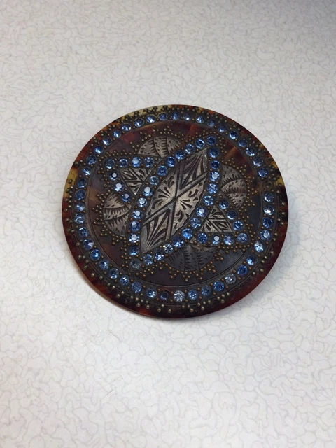 Broche Art Déco Vintage Années 40 - Écaille Et Perles Turquoises - Diamètre 4.8 Cm