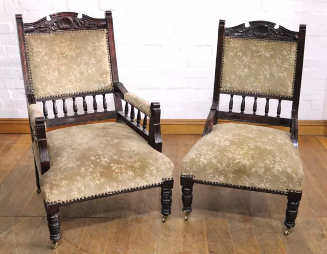 Antique Victorian carved pair of fireside salon chairs