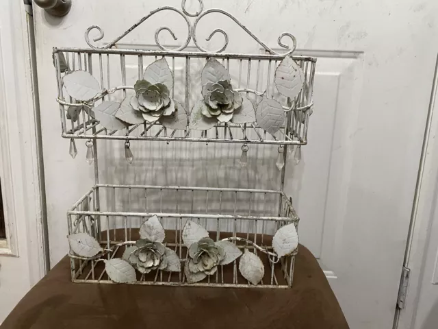 Vintage Shabby Chic Roses 2 tier Metal Shelf 19 X 15 X 5.5 Distressed