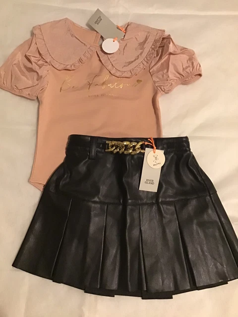 Gonna mini ragazza River Island età 18-24 mesi a pieghe finta pelle abito nuova con etichette 2