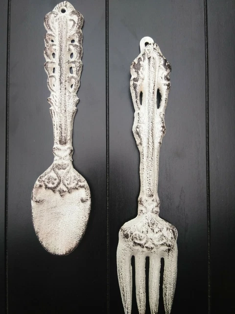 Kitchen Wall Decor, Cast Iron, Fork and Spoon Utensils, Farmhouse, Rustic, NEW