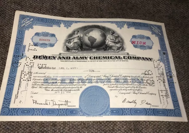 Vintage Dewey And Almy Chemical Company Stock Certificate