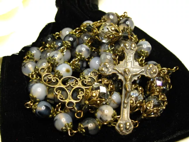 Catholic Rosary ~ Filigree Bronze ~ Vintage style ~ Black & Crystal ~ Handmade