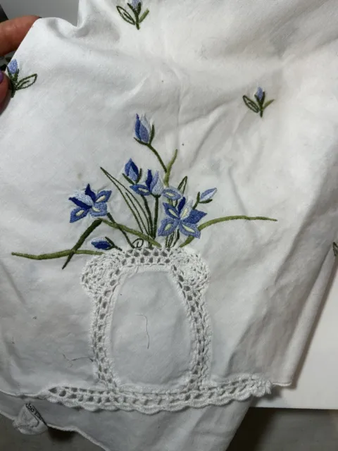 Vintage KEECO White Hand Embroidery Blue Iris Flowers 100% Cotton Tablecloth