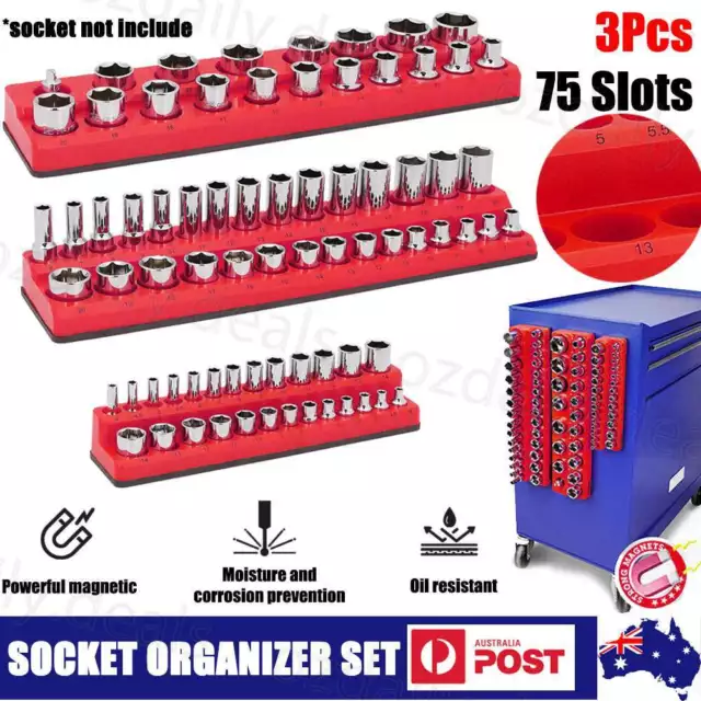 3X Magnetic Socket Organizer Set Metric 1/4" 3/8" 1/2" Drive SAE Trays Holder AU