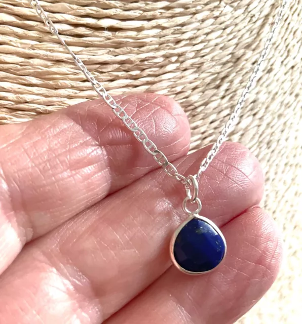 Lapis Lazuli Blue Faceted Gemstone Necklace 16” Chain Sterling Silver Pure 925